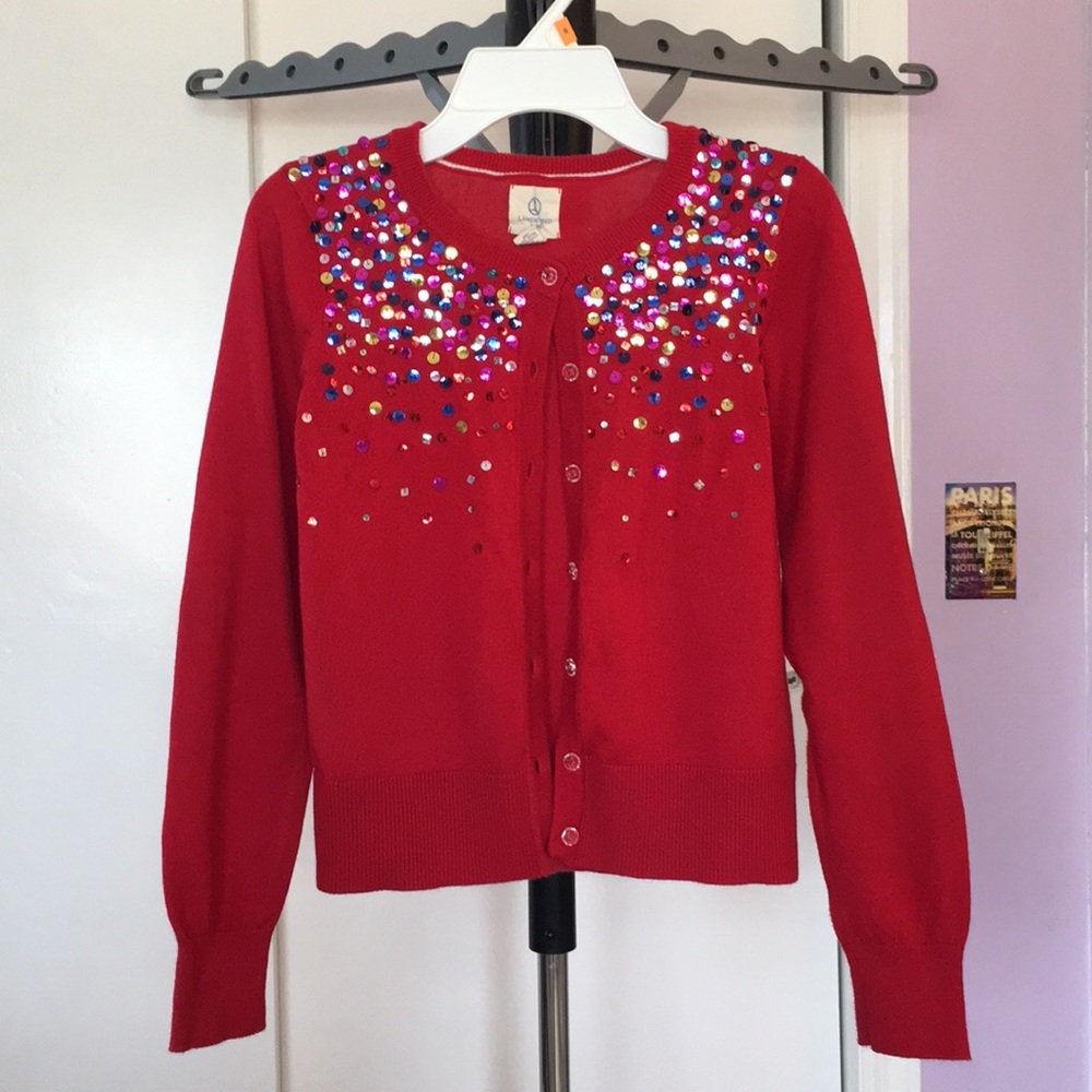 Girl’s Red with Rainbow Sequin Button Up Sweater